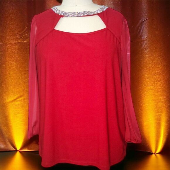 Festive red sheer sleeves crystal collar top - Picture 1 of 9